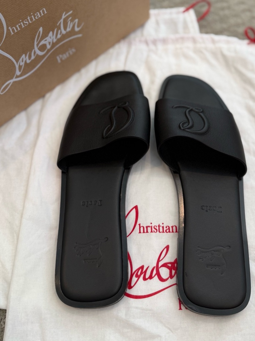Christian Louboutin Black Embossed Logo Leather Flat Mule Sandal size 41 - Picture 2 of 12